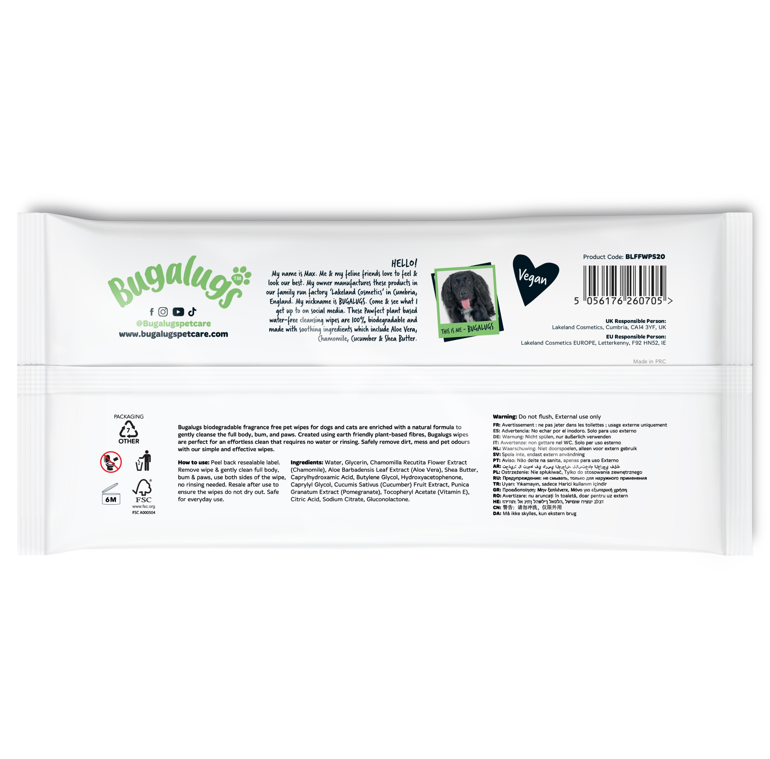 Bugalugs Biodegradable Pet Wipes (20 Large Plastic Free & plant based Wipes) Fragrance Free for dogs and cats - Image 2
