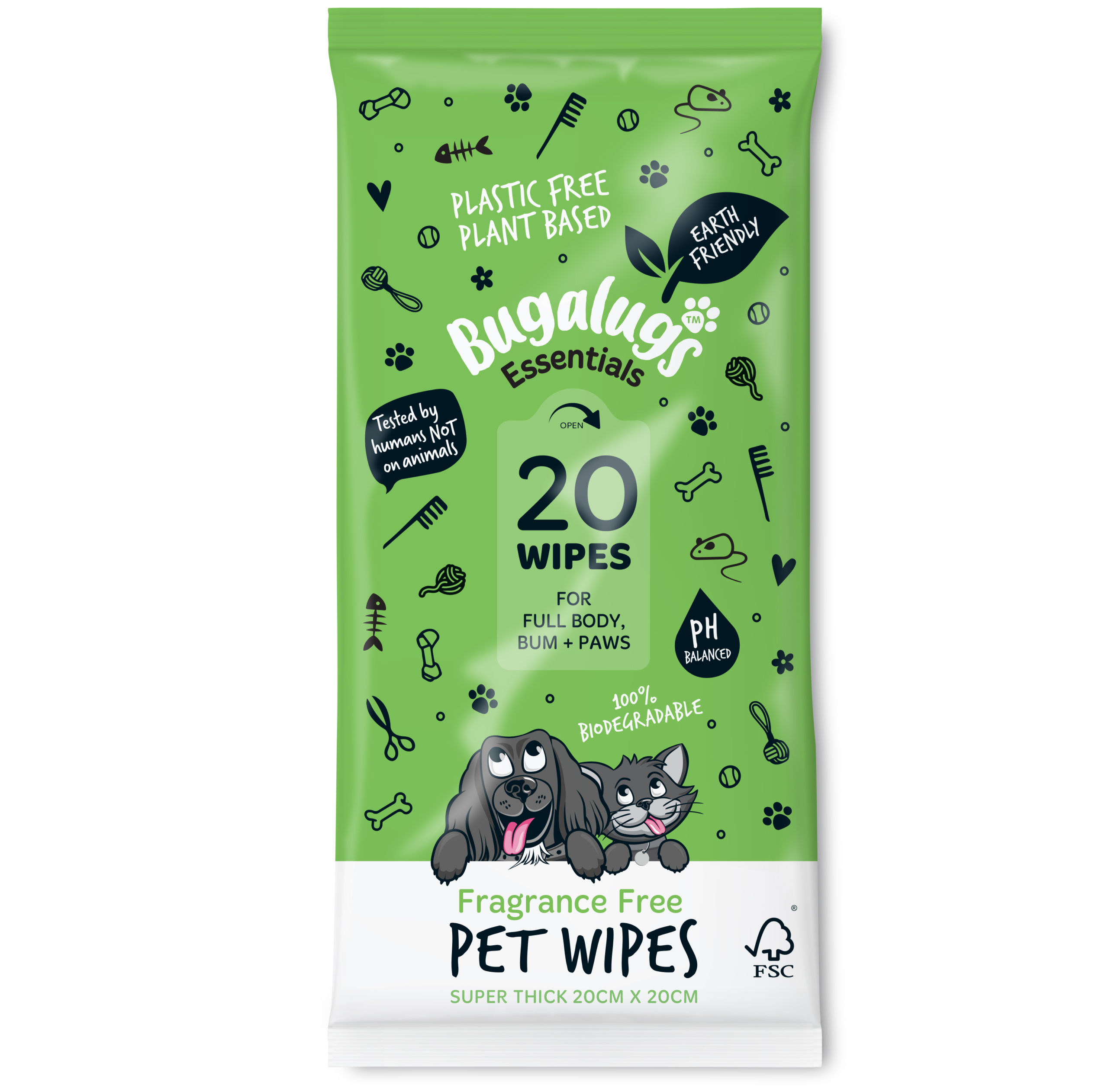 Bugalugs Biodegradable Pet Wipes (20 Large Plastic Free & plant based Wipes) Fragrance Free for dogs and cats