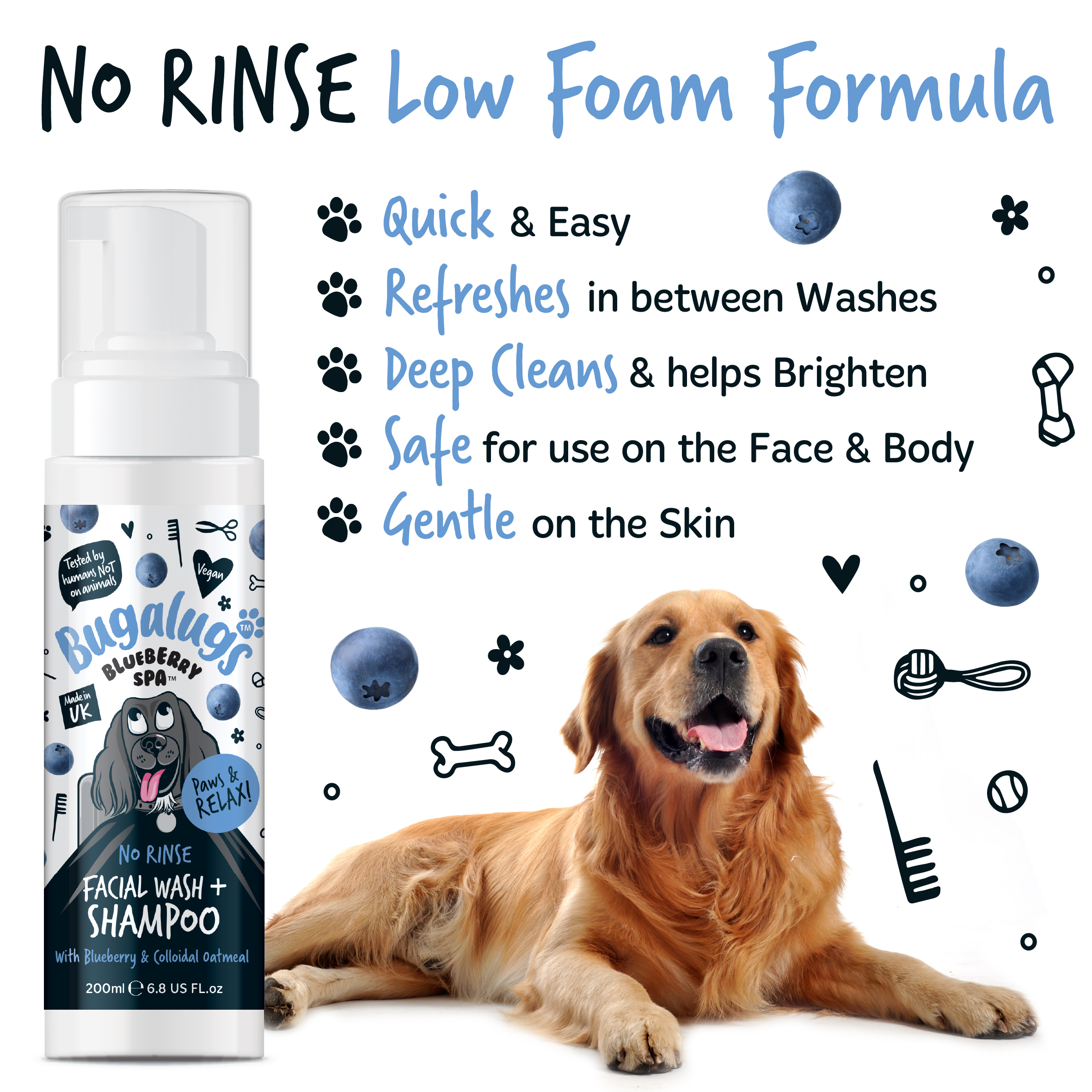 Bugalugs Blueberry Spa No Rinse Facial Wash & Shampoo 200ml For Dogs - Image 3